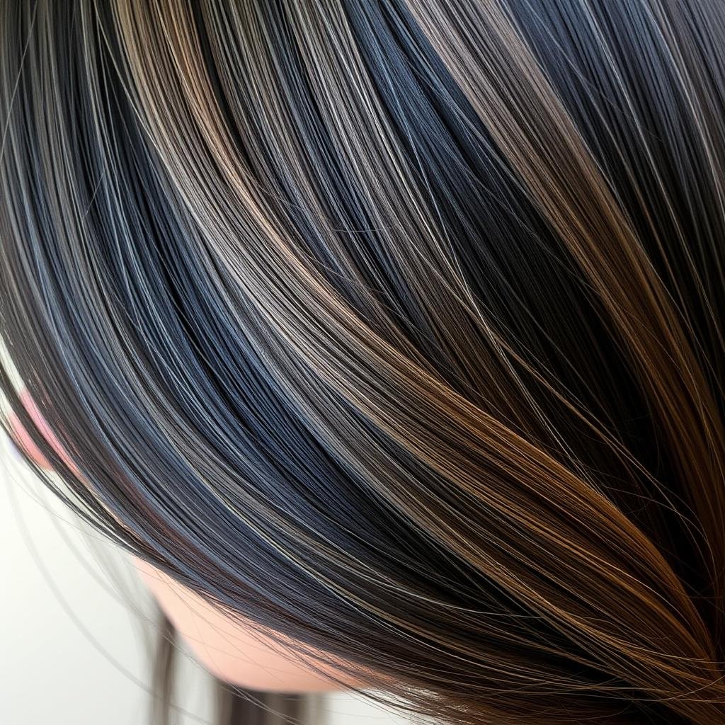 Black hair with cool ash brown highlights that complement cool skin tones