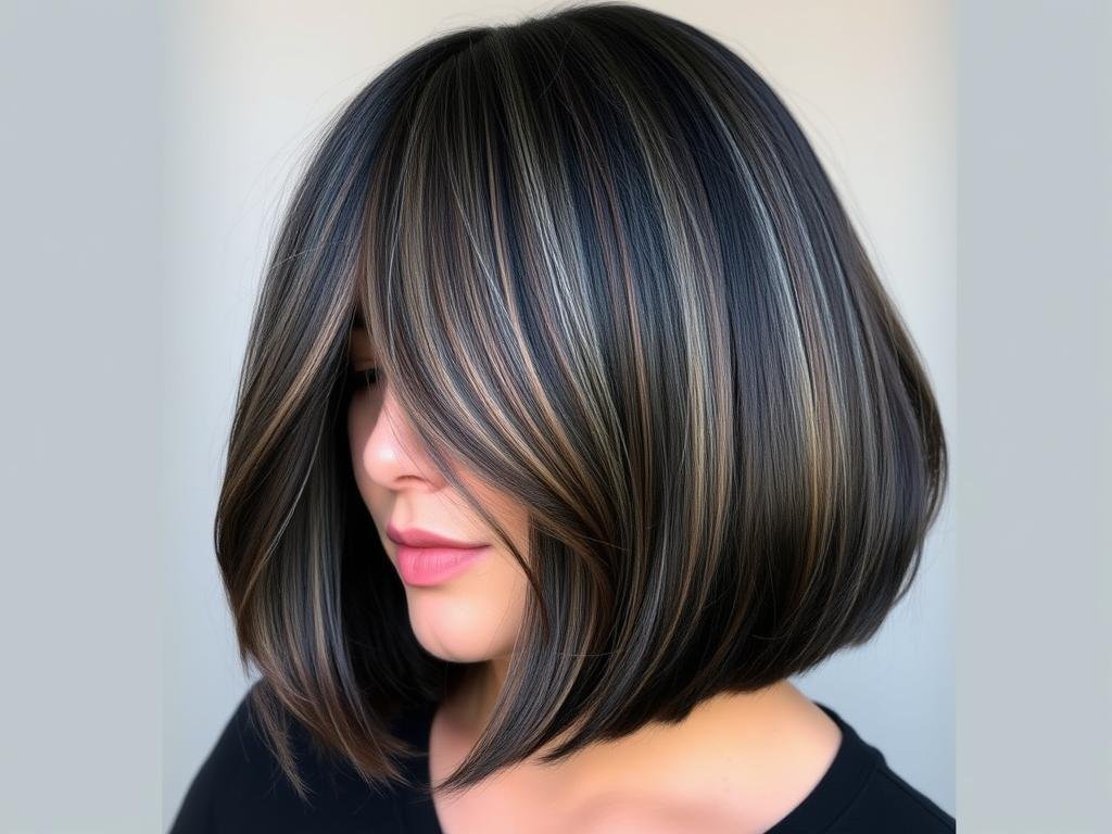 Black hair with cool-toned ash brown highlights Black hair with cool-toned ash brown highlights