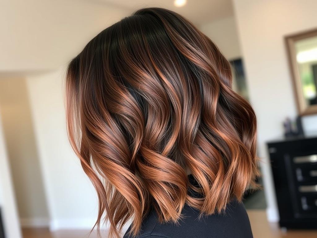 Black hair with copper balayage highlights Black hair with copper balayage highlights