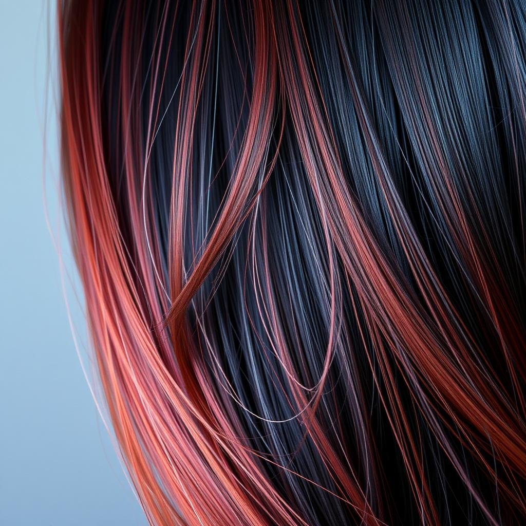 Black hair with copper red highlights creating vibrant dimension