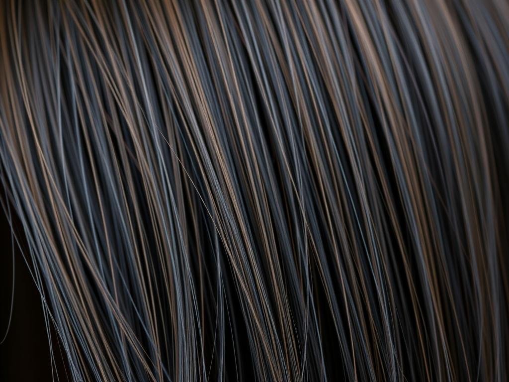 Black hair with delicate babylights creating subtle dimension throughout