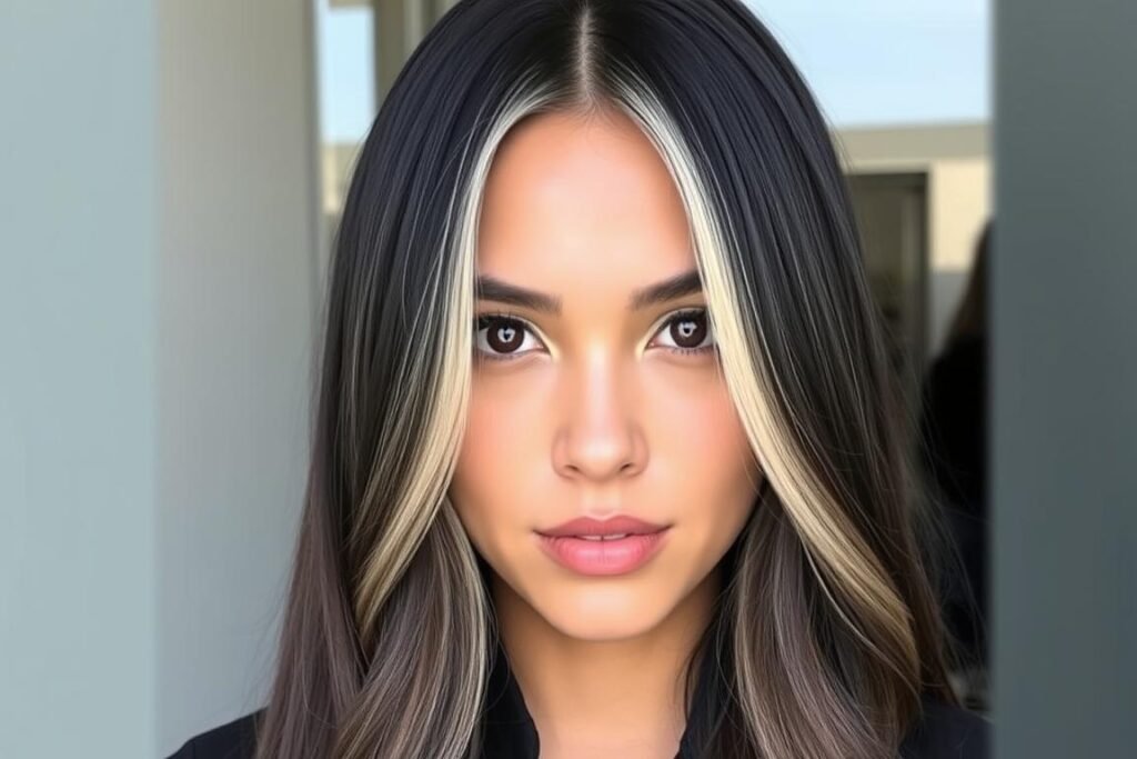 Black hair with face-framing blonde highlights and dark roots