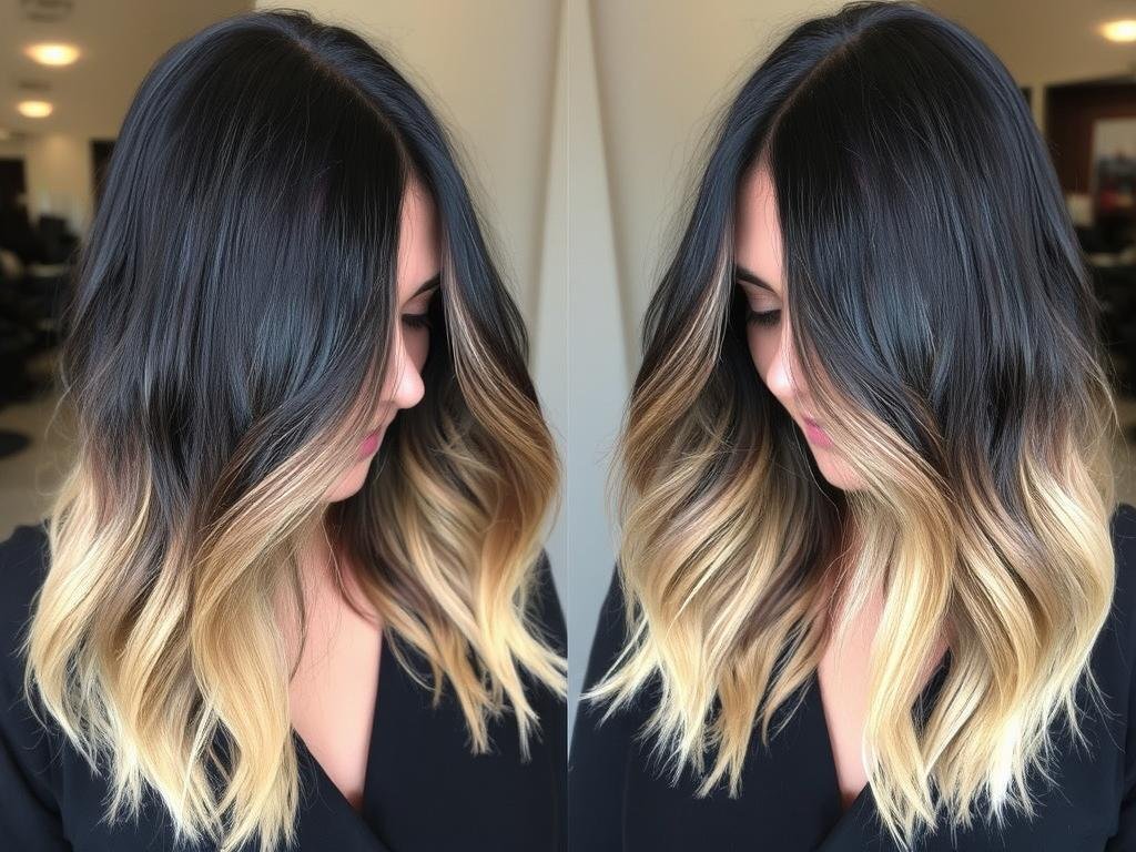 Black hair with highlighted ends and root smudge technique Black hair with highlighted ends and root smudge technique