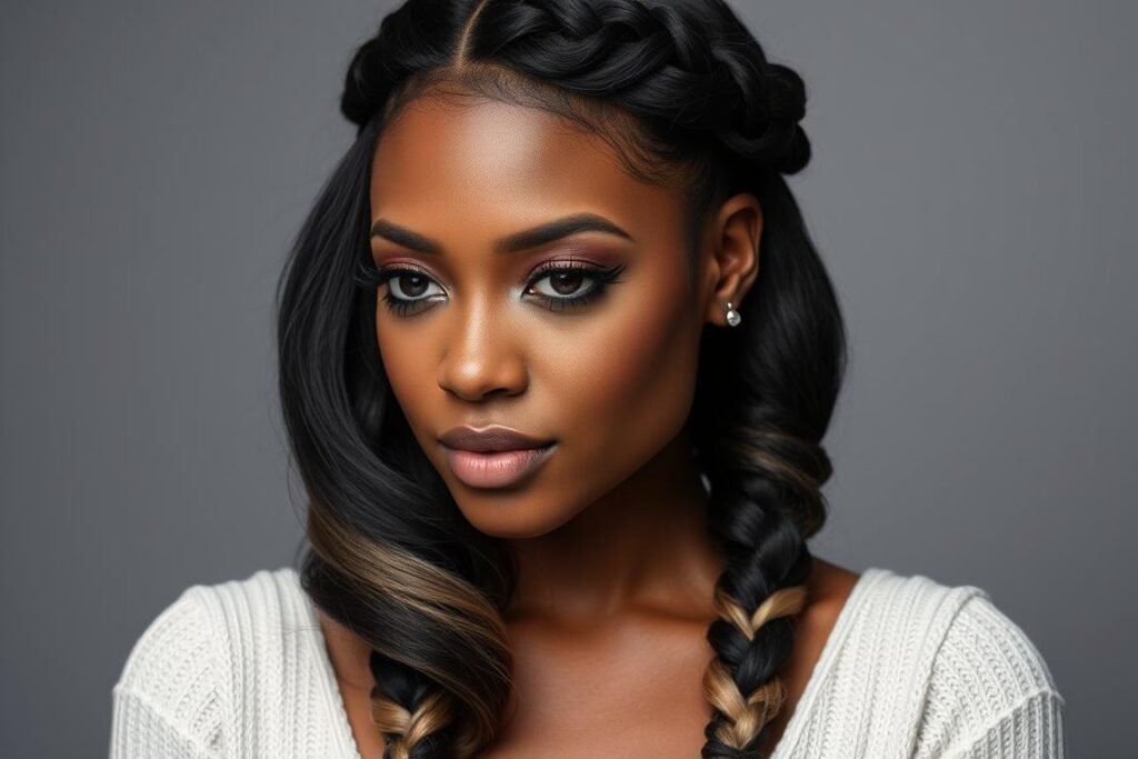 Black hair with highlights styled in a half-up braided style