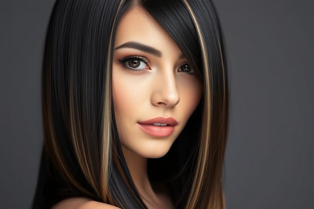 Black hair with highlights styled in a sleek straight look