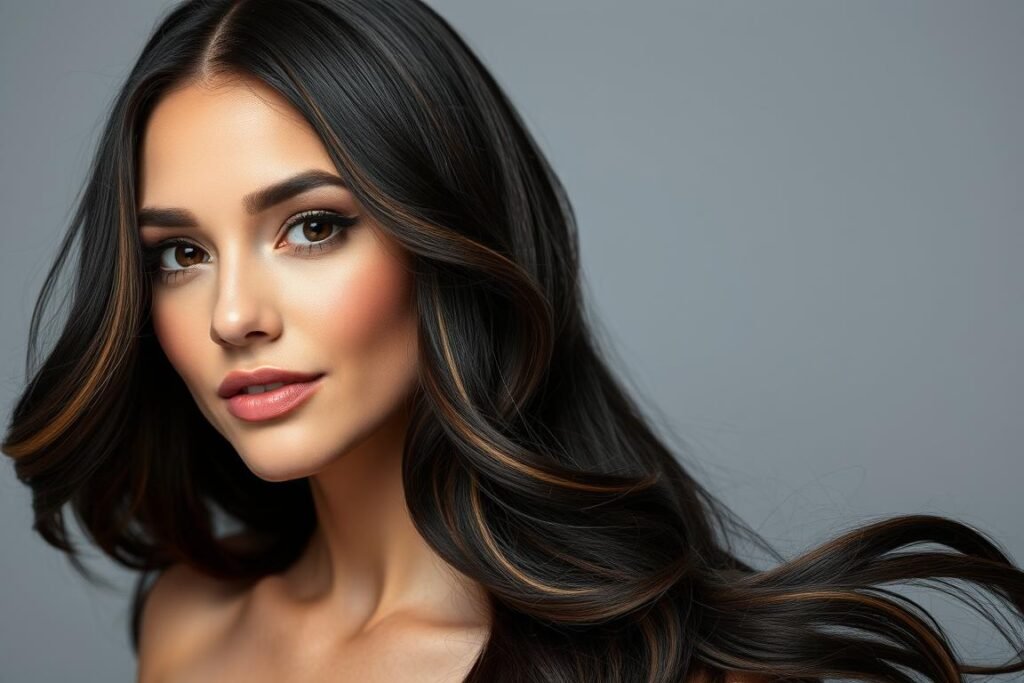 Black hair with highlights styled in loose waves to show dimension