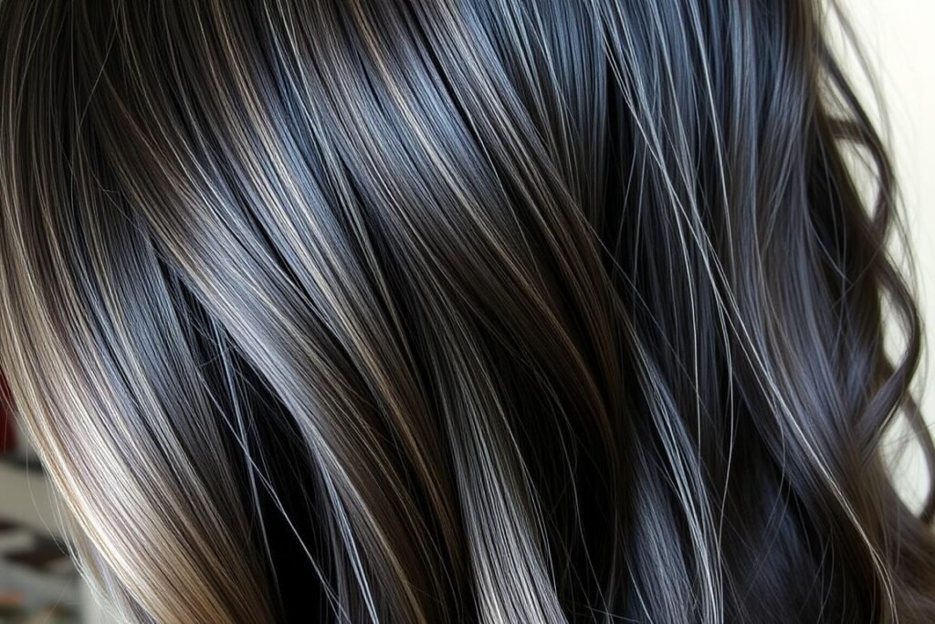 Black hair with honey blonde babylights for subtle dimension