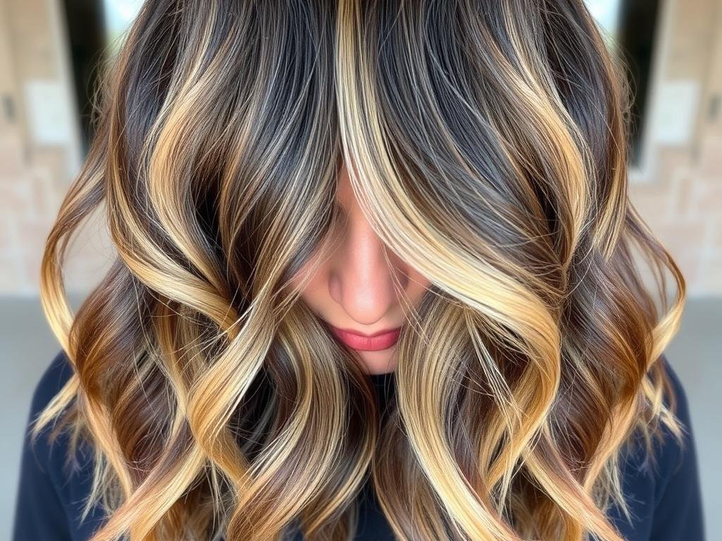 Black hair with honey blonde balayage highlights Black hair with honey blonde balayage highlights