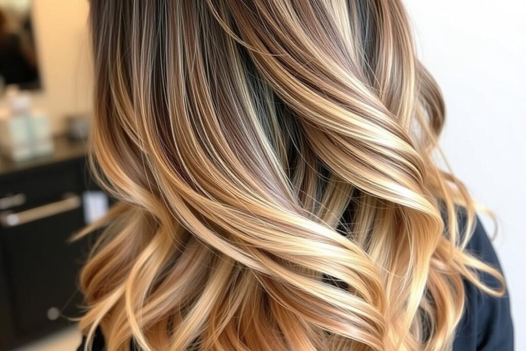 Black hair with honey blonde balayage on long layers