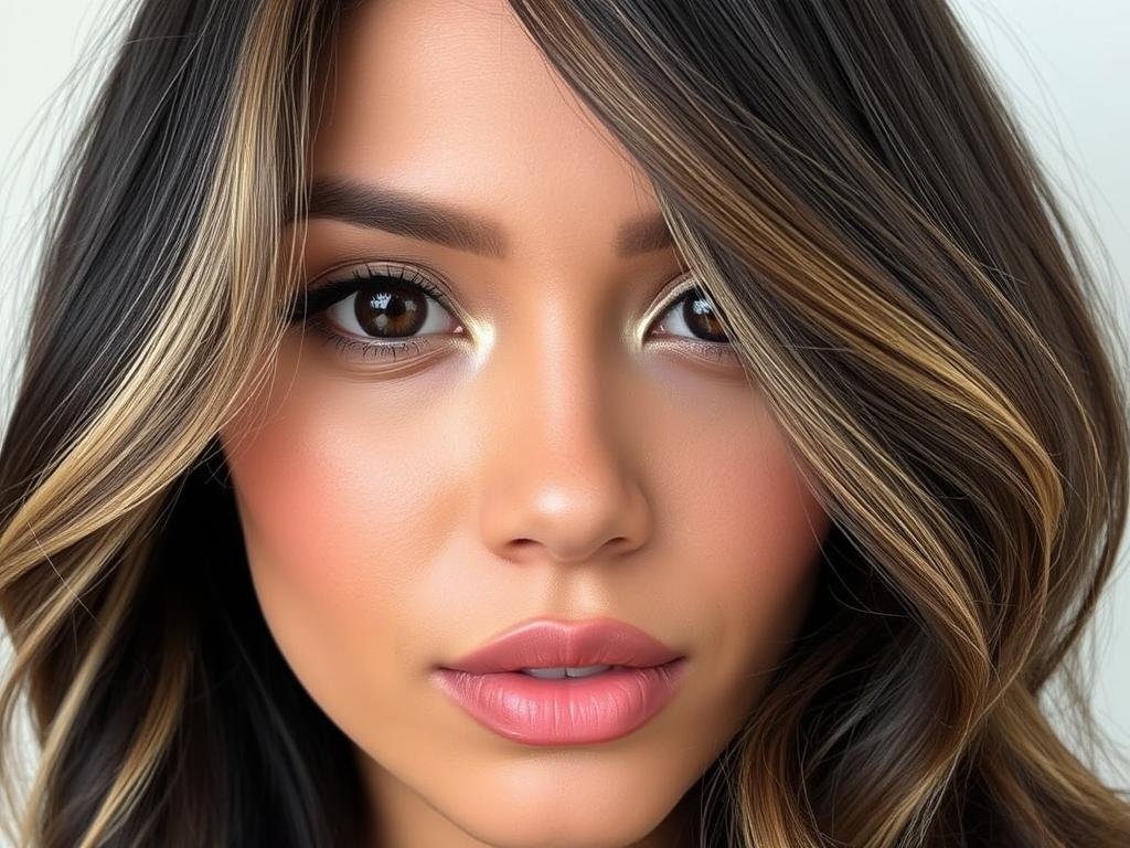 Black hair with honey blonde money piece highlights framing the face Black hair with honey blonde money piece highlights framing the face