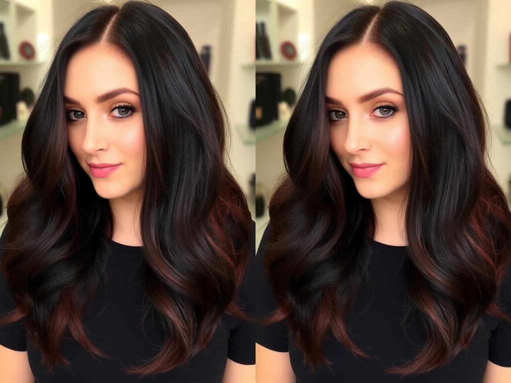 Black hair with mahogany gloss treatment for added shine and subtle color Black hair with mahogany gloss treatment for added shine and subtle color