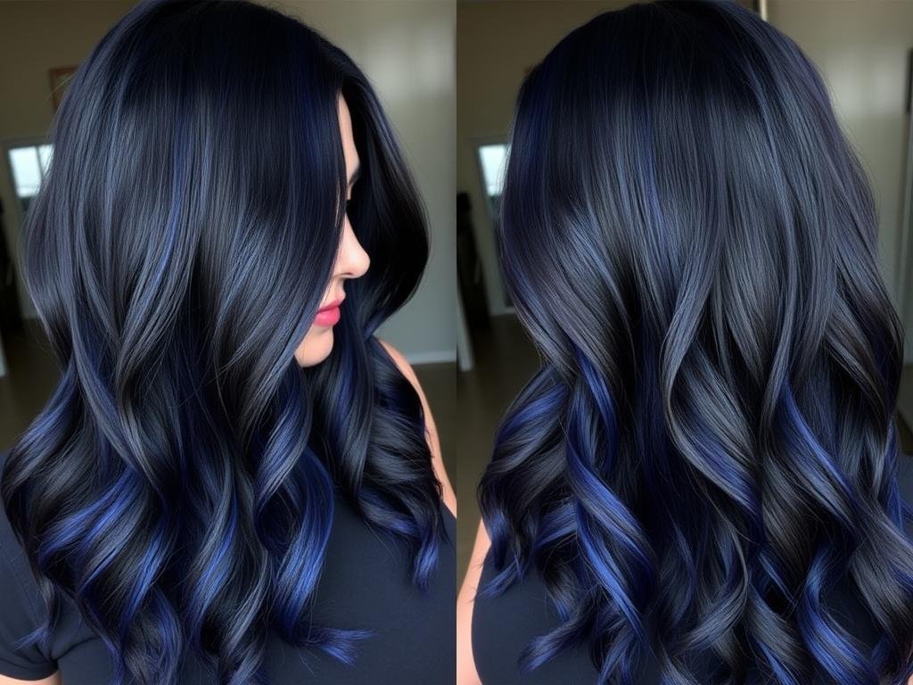 Black hair with midnight blue balayage effect Black hair with midnight blue balayage effect