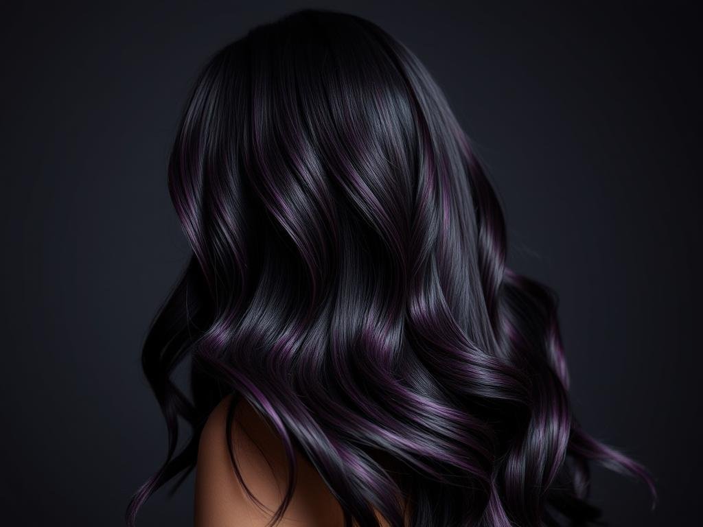 Black hair with midnight purple balayage Black hair with midnight purple balayage