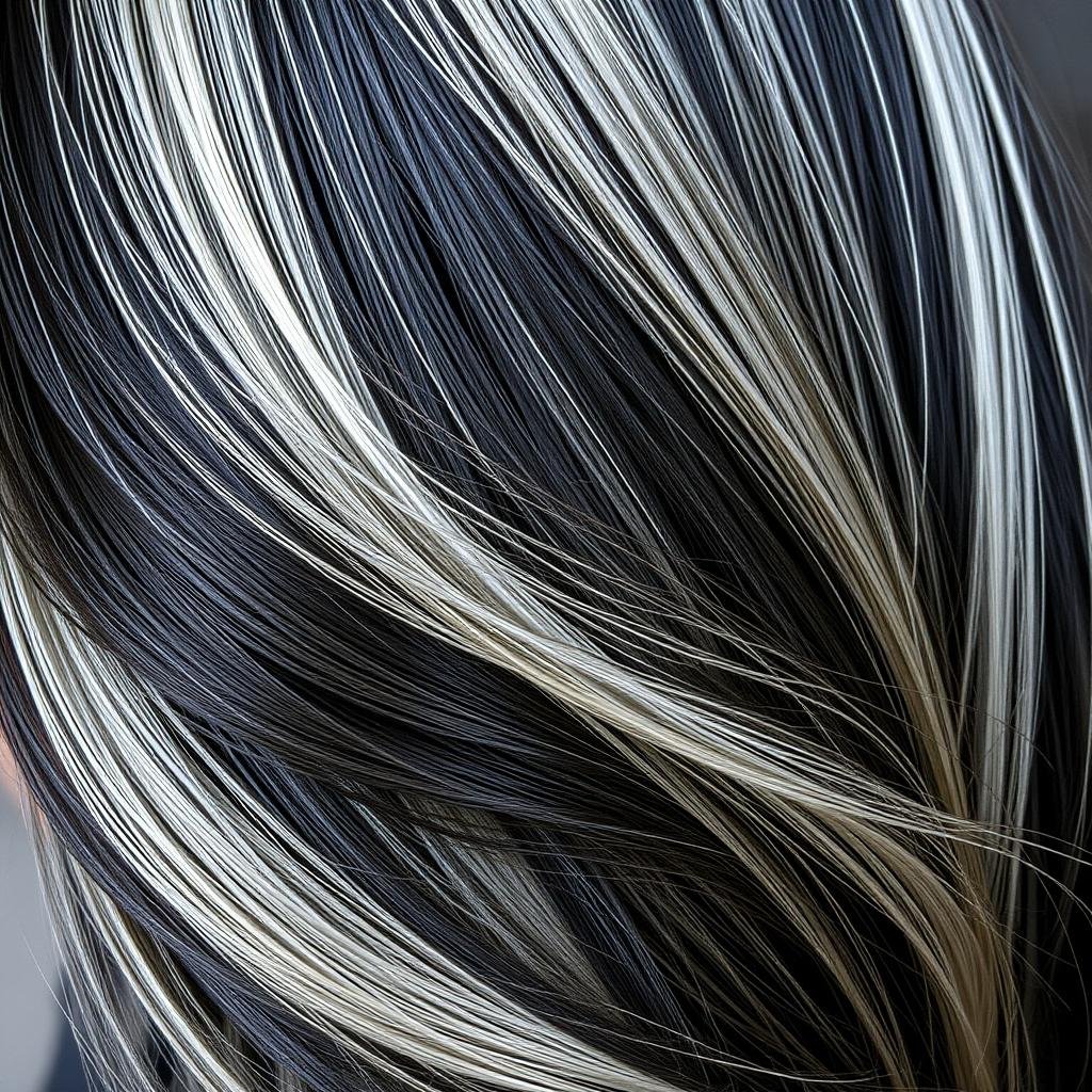 Black hair with platinum blonde highlights creating dramatic contrast