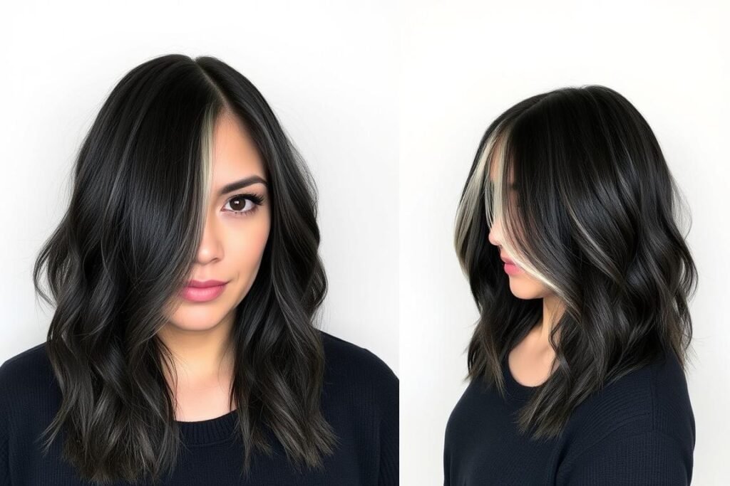 Black hair with platinum blonde money piece and subtle highlights throughout