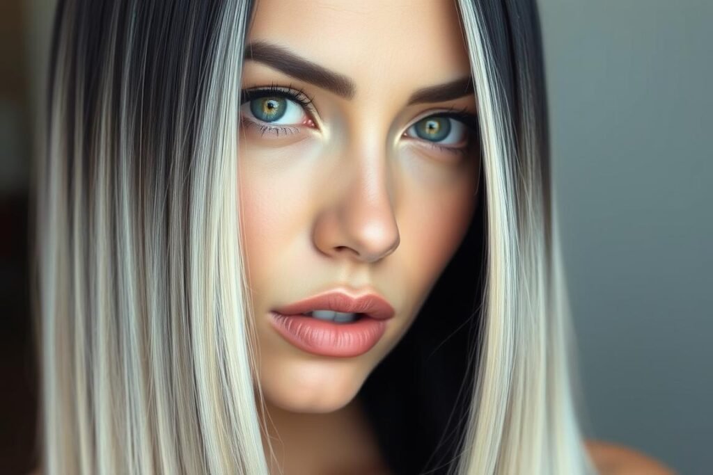 Black hair with platinum blonde money piece highlights framing the face