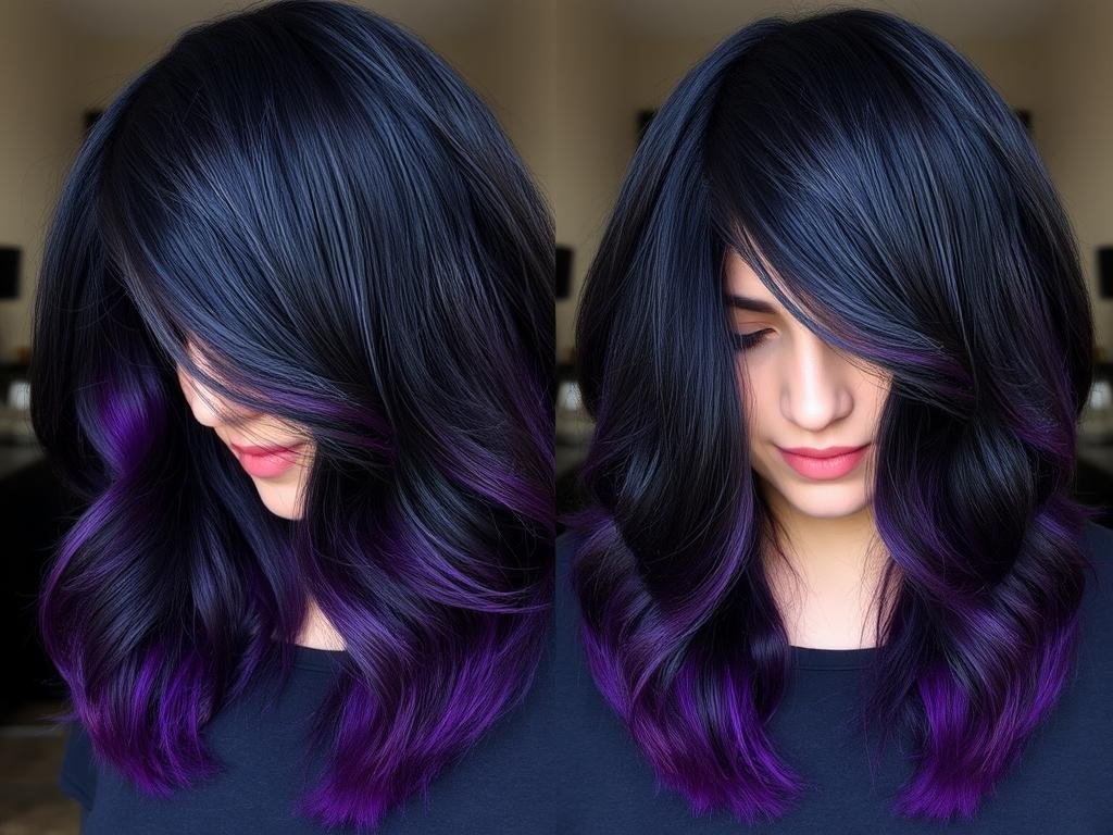 Black hair with purple peek-a-boo highlights underneath Black hair with purple peek-a-boo highlights underneath