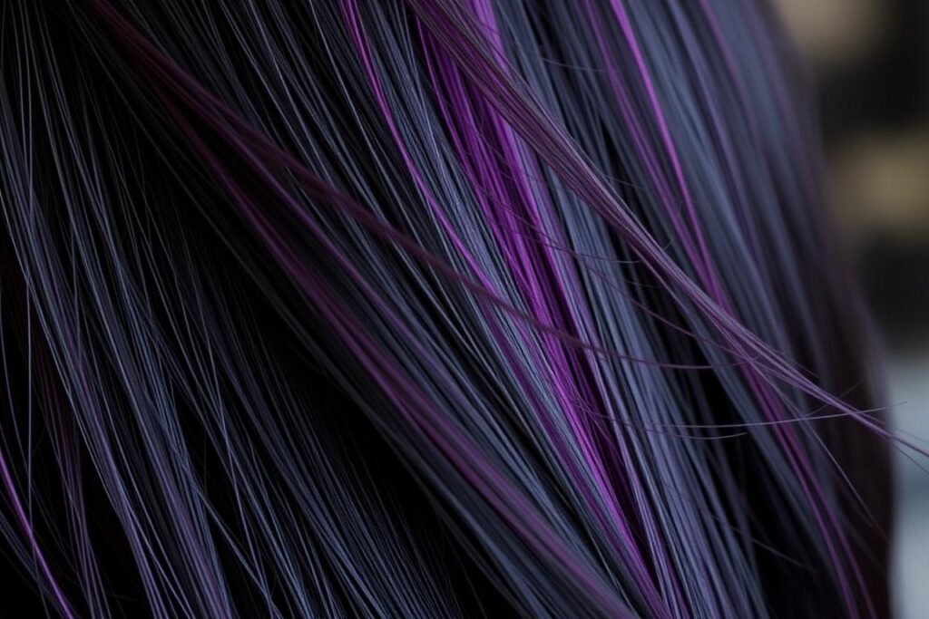 Black hair with purple peekaboo highlights Black hair with purple peekaboo highlights