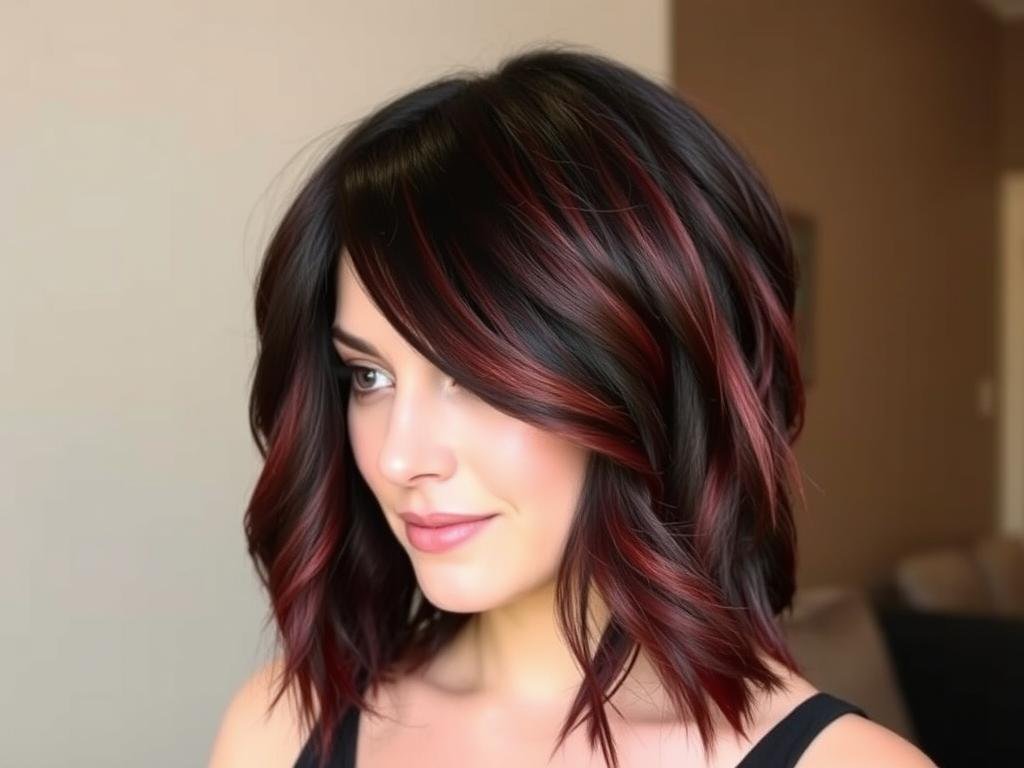 Black hair with rich burgundy highlights Black hair with rich burgundy highlights