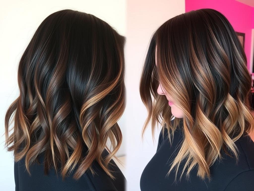 Black hair with rose gold balayage highlights Black hair with rose gold balayage highlights