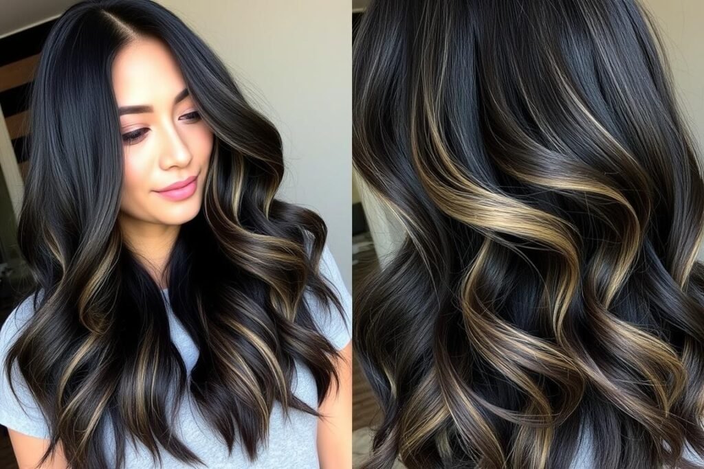 Black hair with scattered blonde highlights throughout for dimension