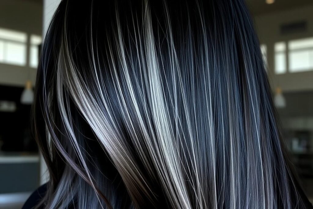 Black hair with silver blonde highlights for a modern look