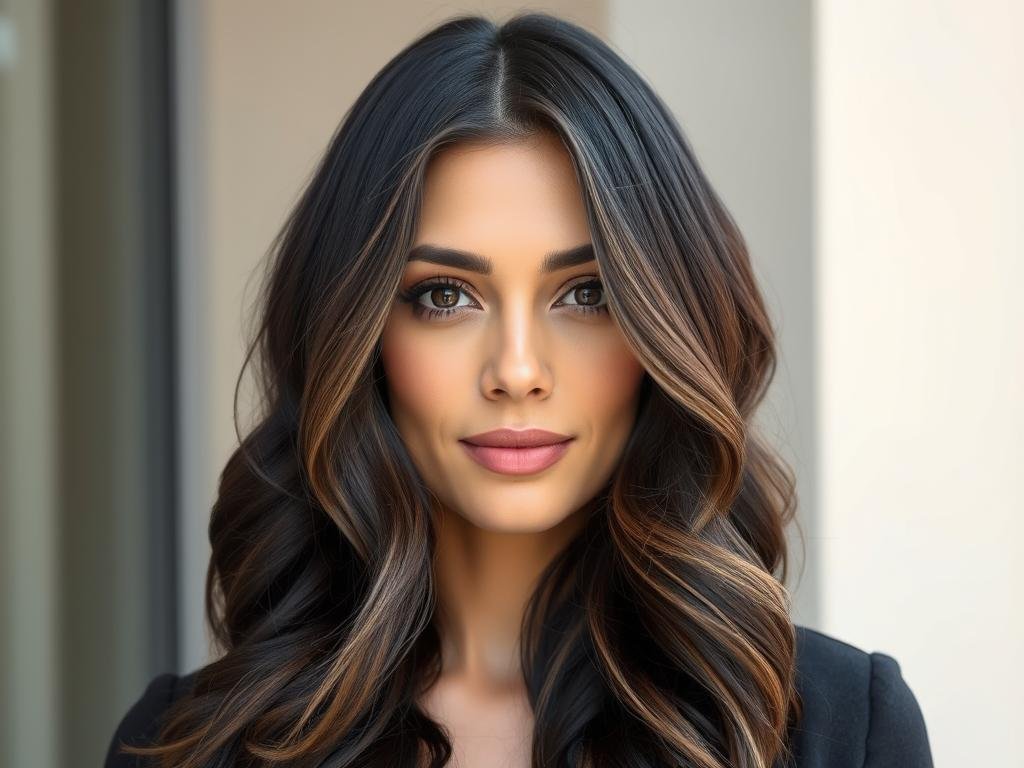 Black hair with subtle ash brown money piece highlights framing the face Black hair with subtle ash brown money piece highlights framing the face