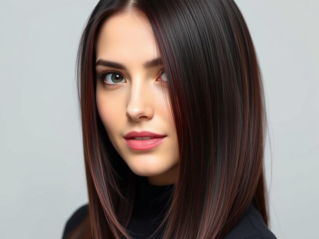 Black hair with subtle burgundy babylights throughout Black hair with subtle burgundy babylights throughout