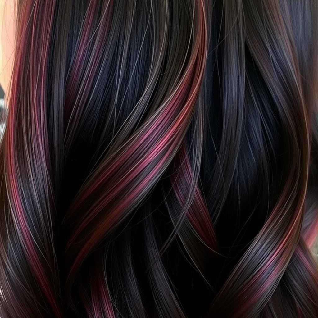 Black hair with subtle burgundy highlights Black hair with subtle burgundy highlights