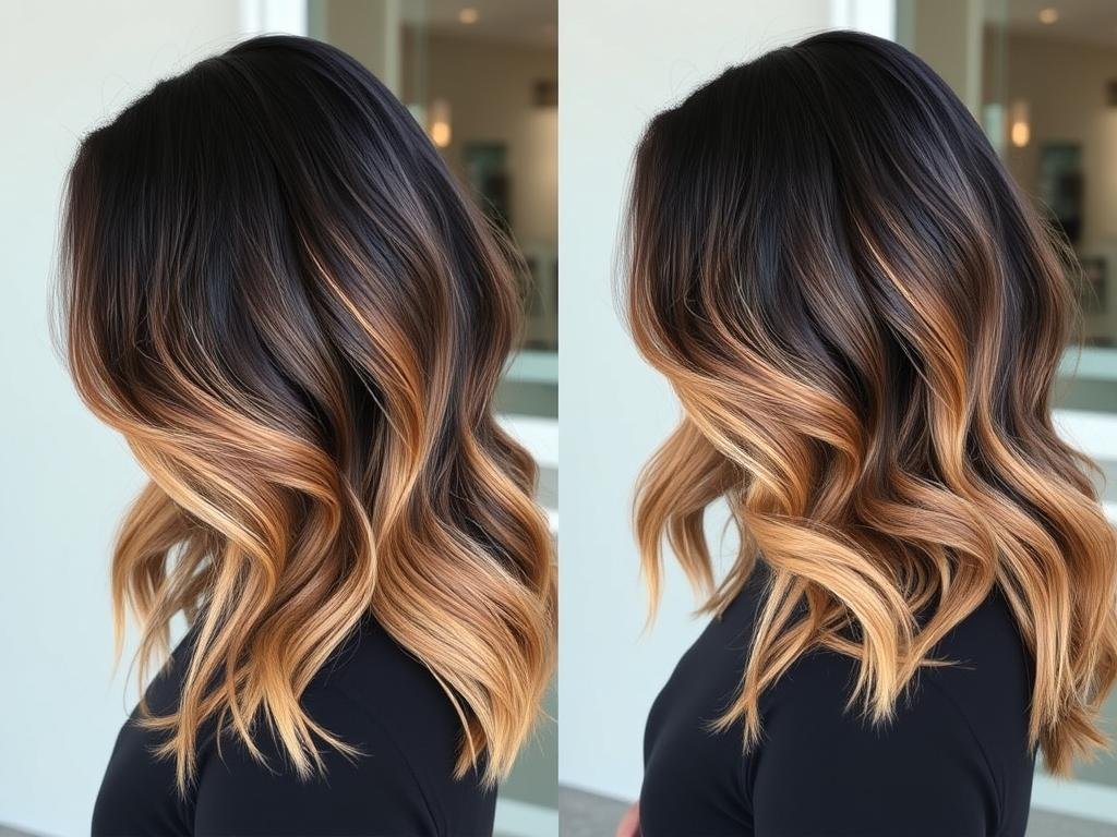 Black hair with subtle caramel ombré effect on the ends Black hair with subtle caramel ombré effect on the ends