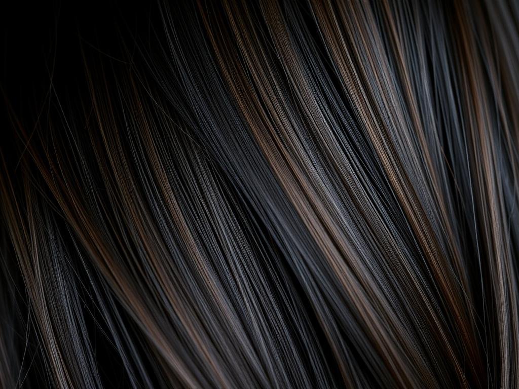 Black hair with subtle highlights creating dimension