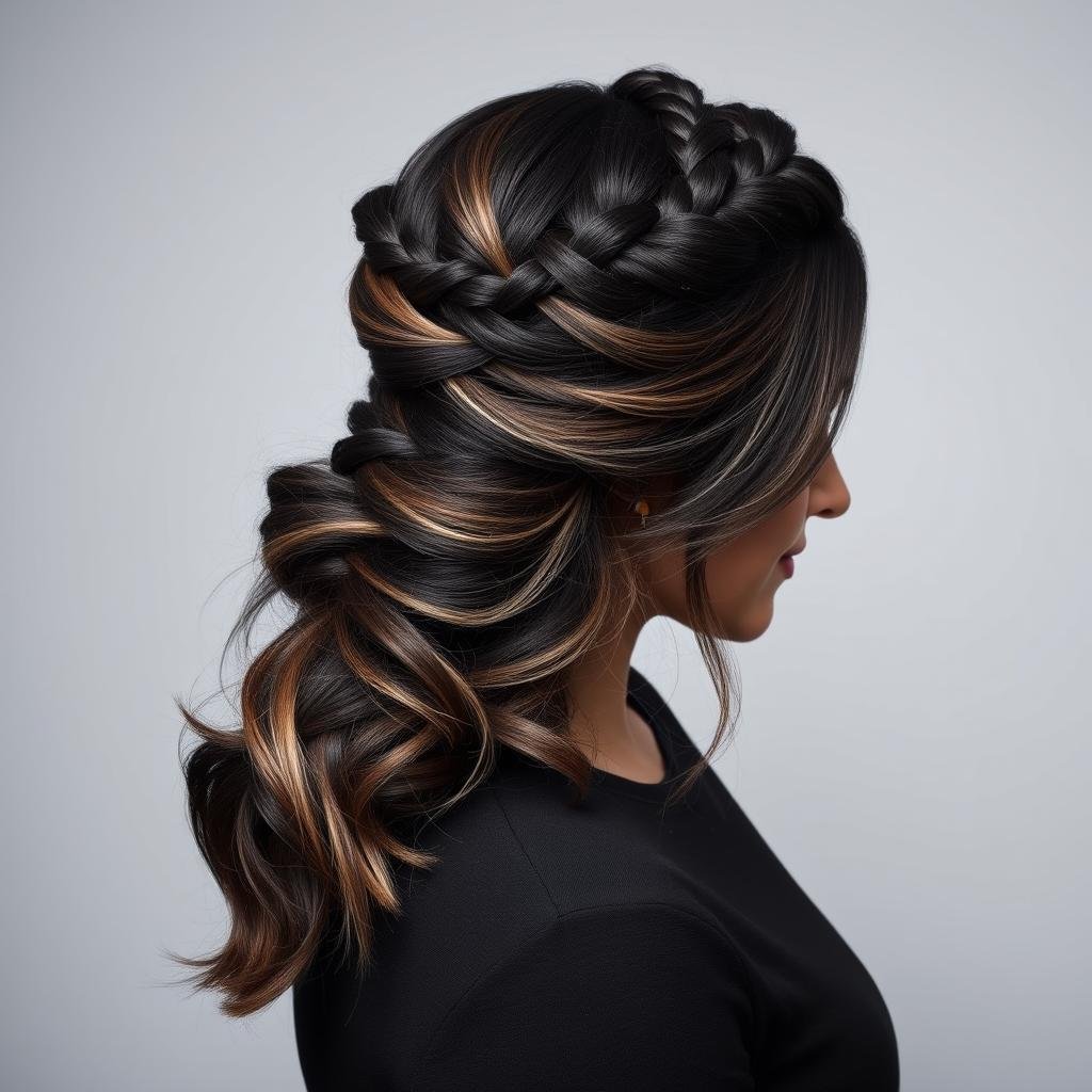 Black hair with subtle highlights styled in a braided updo Black hair with subtle highlights styled in a braided updo