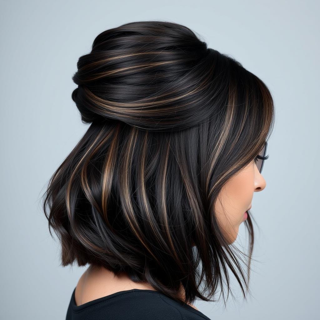 Black hair with subtle highlights styled in a half-up twist Black hair with subtle highlights styled in a half-up twist