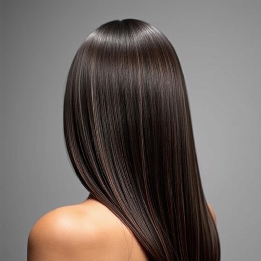 Black hair with subtle highlights styled in a sleek straight look Black hair with subtle highlights styled in a sleek straight look
