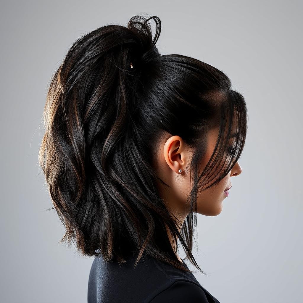 Black hair with subtle highlights styled in a textured ponytail Black hair with subtle highlights styled in a textured ponytail