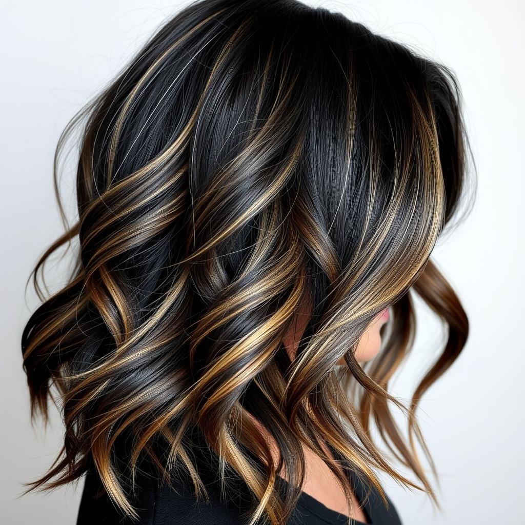 Black hair with subtle highlights styled in beach waves Black hair with subtle highlights styled in beach waves