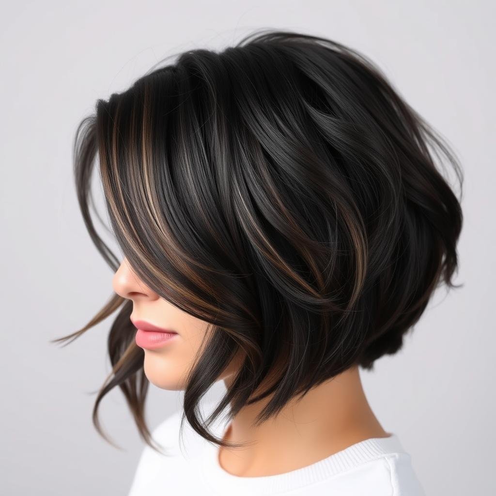 Black hair with subtle highlights styled with added volume at the roots Black hair with subtle highlights styled with added volume at the roots