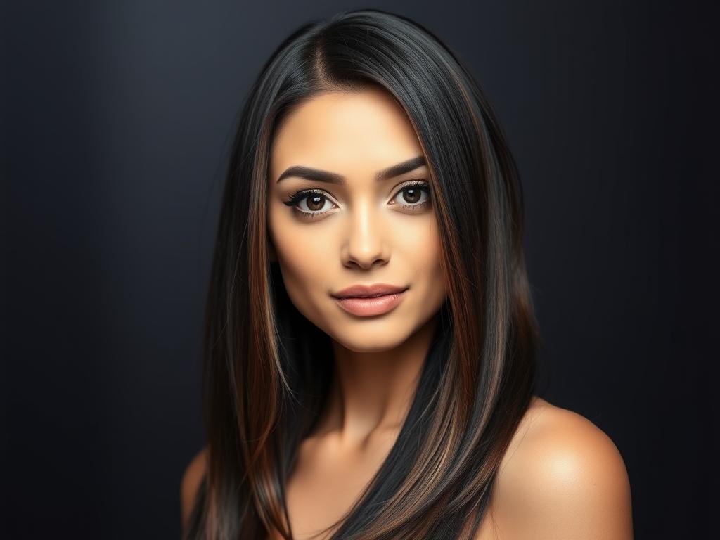 Black hair with subtle mocha highlights concentrated around the face Black hair with subtle mocha highlights concentrated around the face