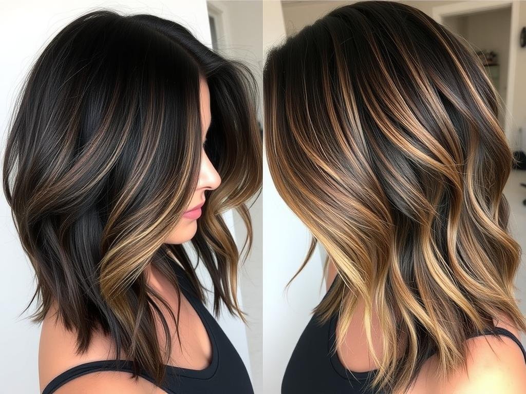 Black hair with teasylights technique for low-maintenance dimension Black hair with teasylights technique for low-maintenance dimension