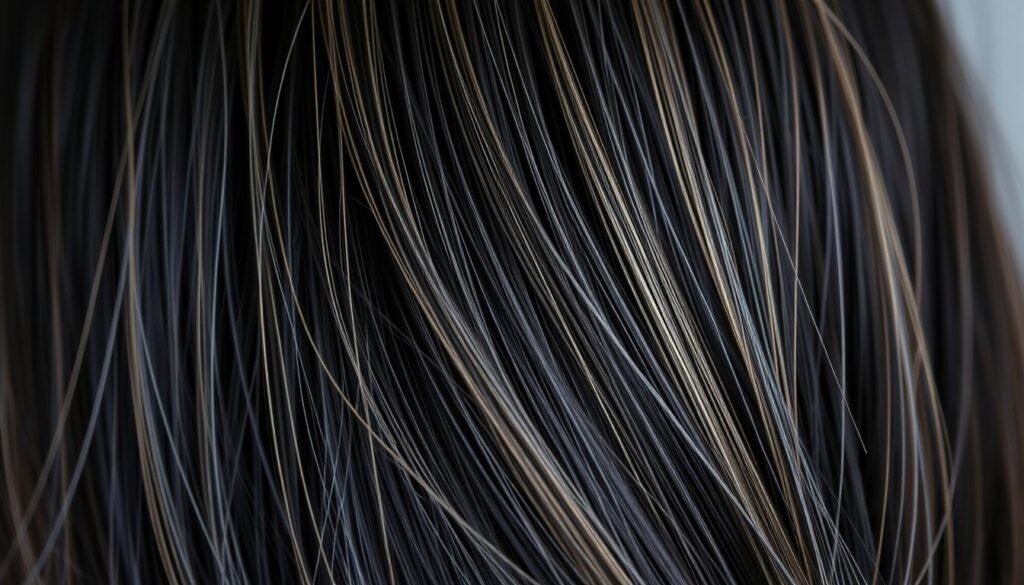 Black hair with thin blonde babylights creating subtle dimension