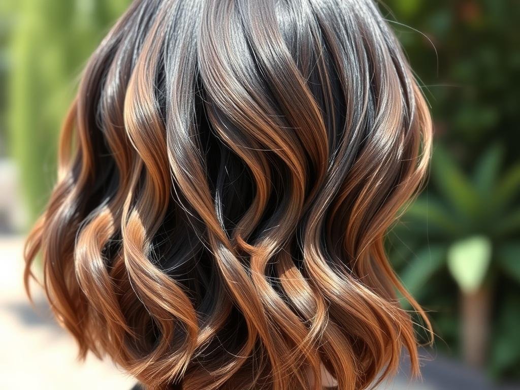 Black hair with toffee balayage highlights Black hair with toffee balayage highlights