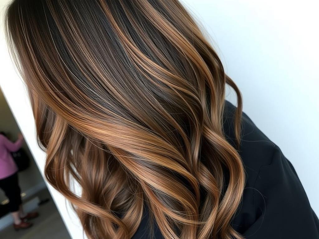 Black hair with warm caramel balayage highlights Black hair with warm caramel balayage highlights