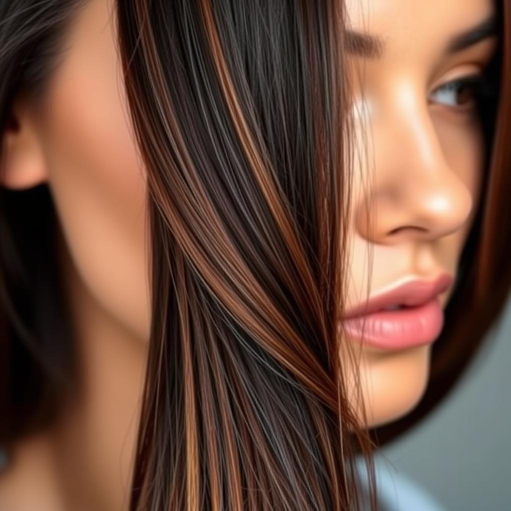 Black hair with warm caramel highlights that complement warm skin tones