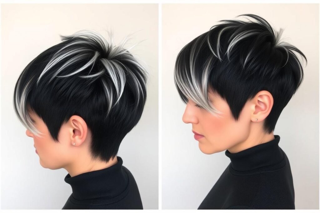 Black pixie cut with platinum blonde tips