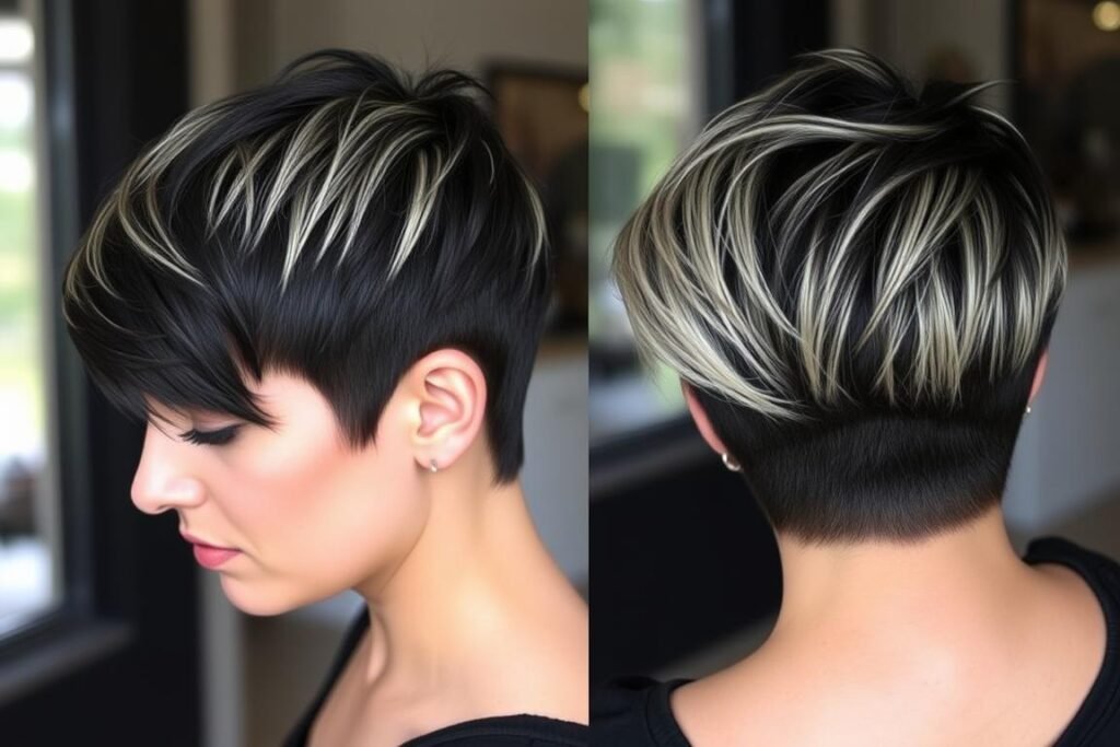 Black pixie undercut with blonde highlights on top