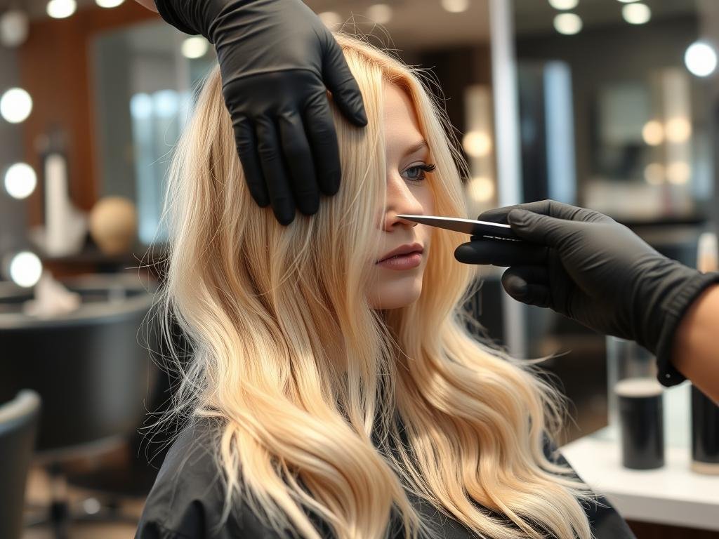 Blonde hair being toned at salon to refresh color