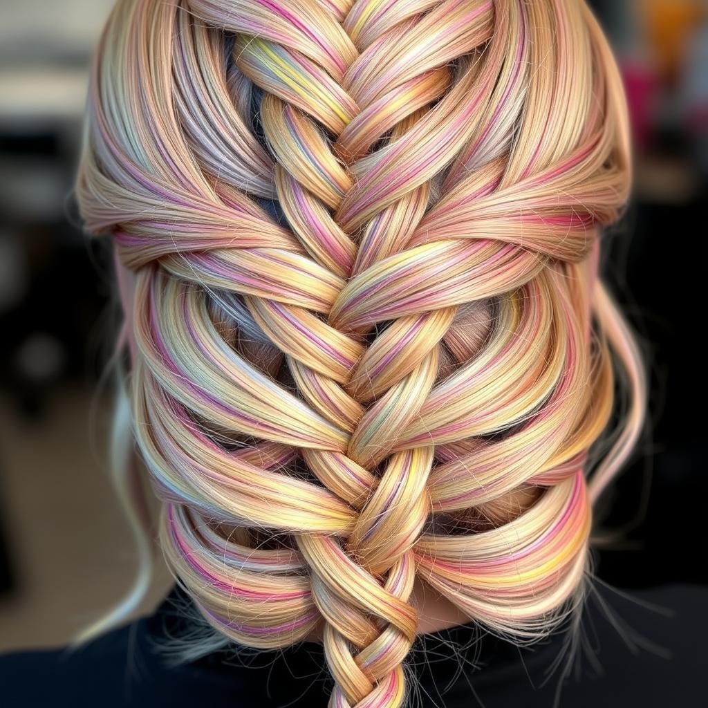 Braided hairstyle that showcases peekaboo highlights woven throughout