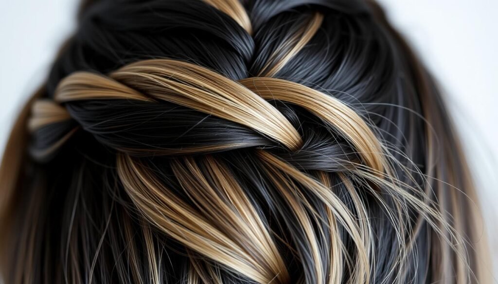 Braided style with black hair and blonde highlights