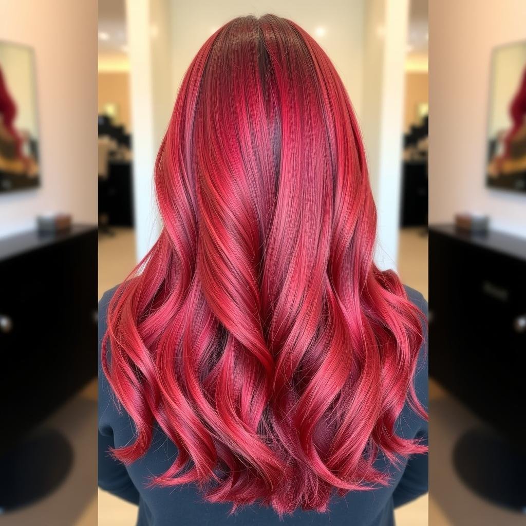 Bright cherry red hair color on long layers with subtle highlights