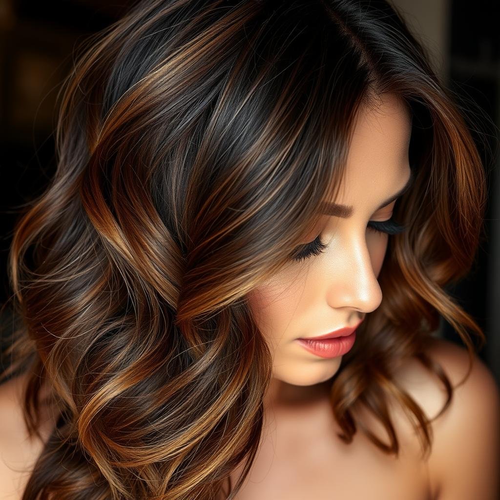 Bronze dimension on dark brunette hair for warm skin tones